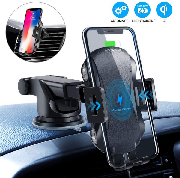 Wireless Car Charger, 10W Qi Fast Charging Auto-Clamping Car Mount ...