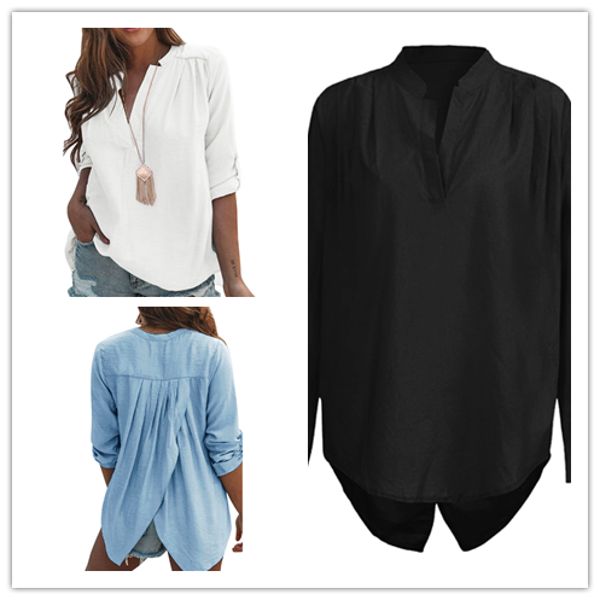 Women's V Neck Long Sleeve Shirts Casual Cuffed Sleeve Pleated Top ...