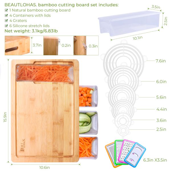 Cutting Boards For Kitchen Bamboo Cutting Board With 4 Containers & 4 