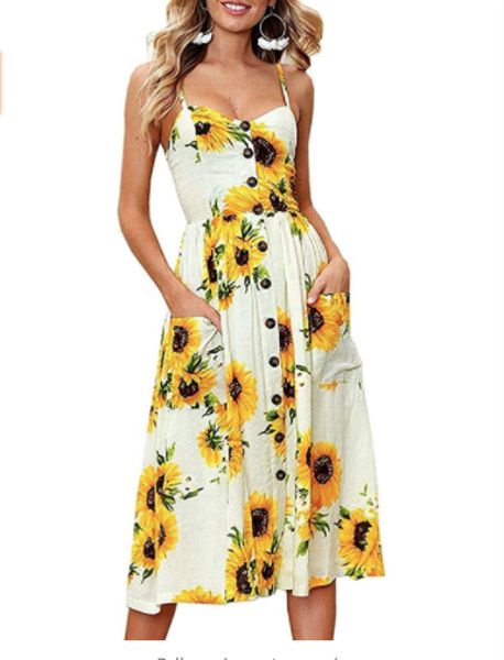 Women's Sunflower Dress Summer Spaghetti Strap Sundress Floral Midi ...