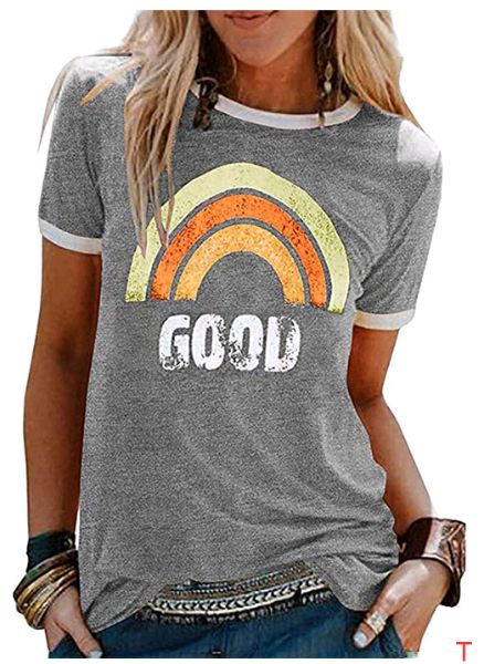 Women's Short Sleeve Round Neck Rainbow Printed Causal Teens Girls T ...