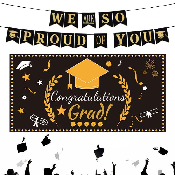 Graduation Decorations Banner Graduation Party Supplies We Are So Proud Of You Banner Congratulations Grad Backdrop Black And Gold Savesoo Com