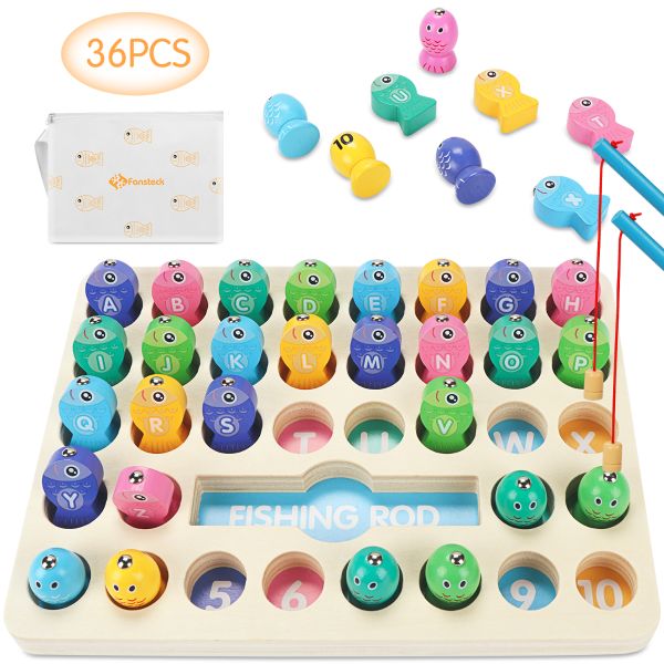 36 PCS Wooden Magnetic Fishing Game Educational Toy for Kids