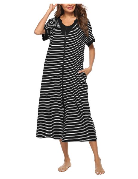 Zipper Front Nightgown V-Neck Full Length Loungewear Stripe Robes with ...