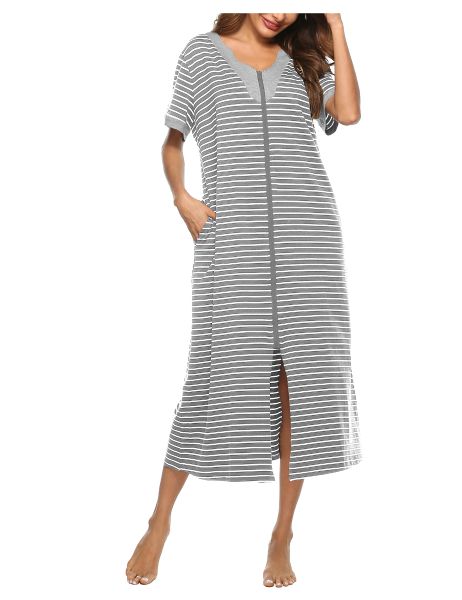 Zipper Front Nightgown V-Neck Full Length Loungewear Stripe Robes with ...
